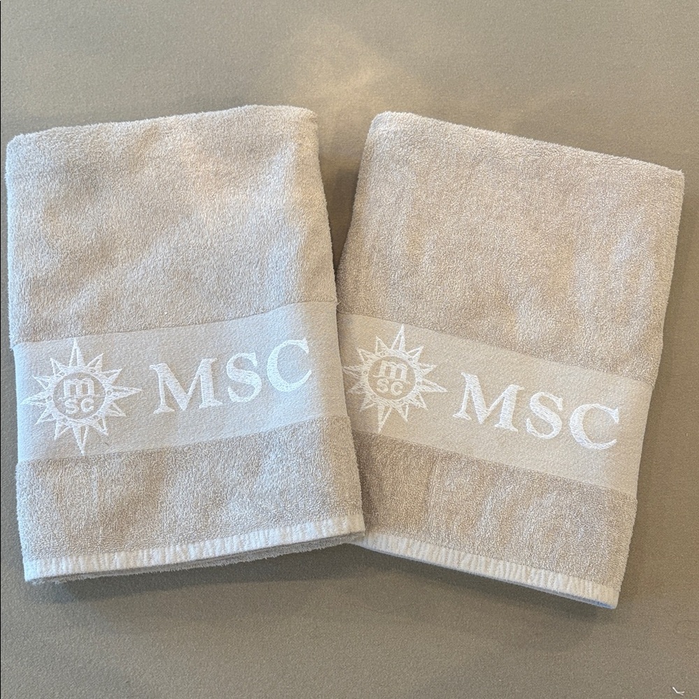MSC Cruise Line Oversized Beach Towels Tan White Embroidered
